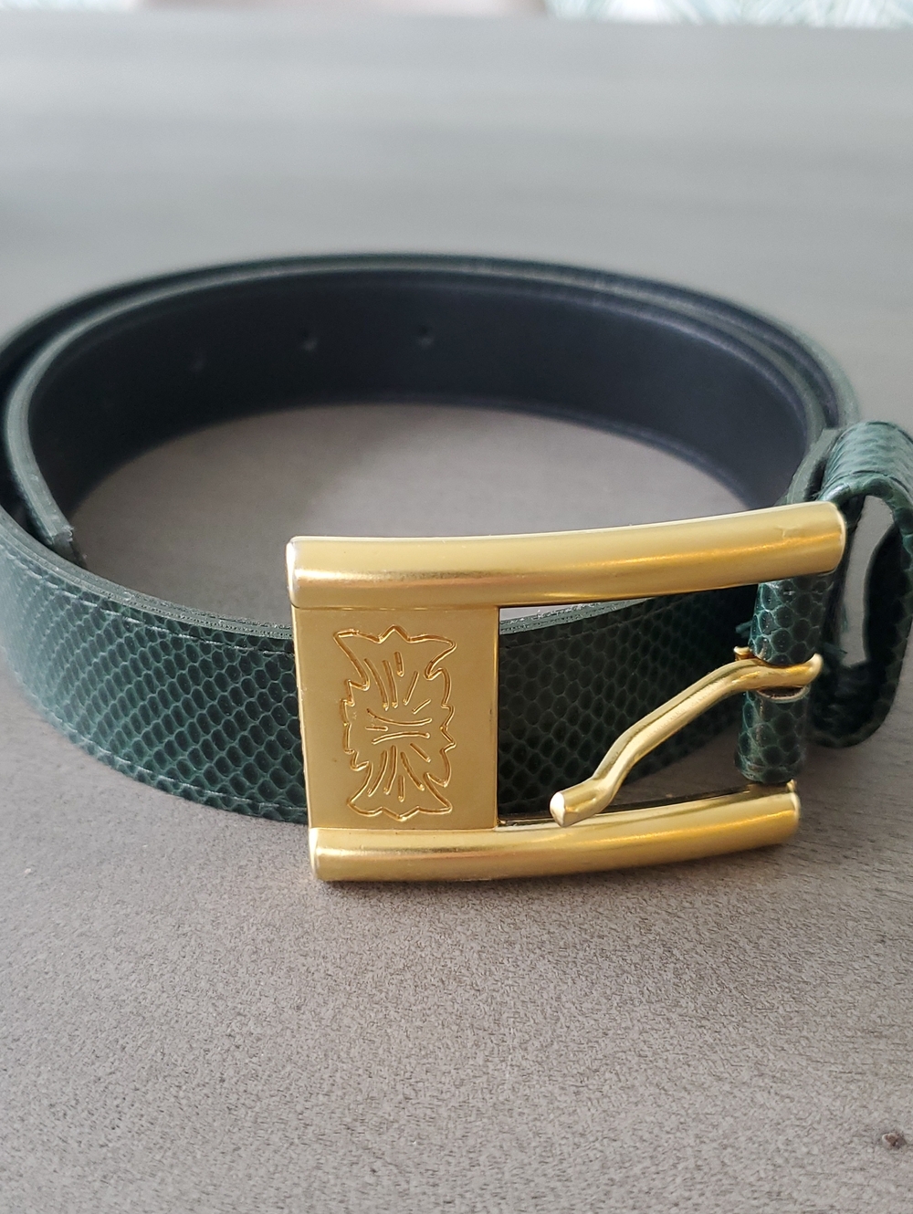 Enmanuel Belt,Ladies Sz.Sm Green Reptile Design, With Bright Gold Buckle 26"-30"